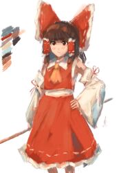 Rule 34 | 1girl, ascot, bare shoulders, brown eyes, brown hair, commentary request, detached sleeves, flat chest, frilled hair tubes, frills, gohei, hair tubes, hakurei reimu, hand on own hip, holding, holding stick, long sleeves, orange ascot, red skirt, red vest, simple background, skirt, solo, sparkle71059204, stick, touhou, vest, white background, wide sleeves