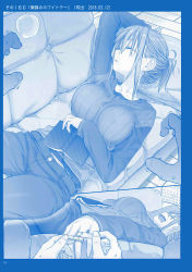 Rule 34 | 1girl, absurdres, arm up, blue theme, breasts, comic, couch, drooling, closed eyes, getsuyoubi no tawawa, highres, himura kiseki, indoors, large breasts, long sleeves, lying, maegami-chan (tawawa), measuring, monochrome, on back, out of frame, pants, parted lips, pov, pov hands, ribbed shirt, scan, shirt, short ponytail, silent comic, sleeping, sneaking, solo focus, sweat, tape measure, trembling, white day