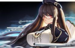 Rule 34 | 1girl, alternate breast size, anchor symbol, artillery, artist name, azur lane, beret, breasts, brown hair, chain, character name, framed breasts, hat, highres, huge breasts, jacket, lieeux, london (azur lane), london (retrofit) (azur lane), long hair, looking at viewer, night, night sky, purple hat, purple jacket, red-framed eyewear, red eyes, retrofit (azur lane), semi-rimless eyewear, shirt, sky, solo, turret, upper body, very long hair, white shirt