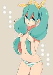 Rule 34 | 1girl, :o, breasts, green eyes, green hair, hair censor, hatsune miku, long hair, looking at viewer, matching hair/eyes, navel, panties, panties only, ribbon, small breasts, solo, ssberit, striped clothes, striped panties, sweat, topless, twintails, underwear, underwear only, vocaloid