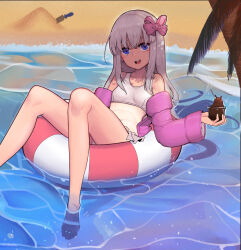 Rule 34 | 1girl, absurdres, and-j (dlwjdqja1212), beach, bikini, blonde hair, blue eyes, food, hair ribbon, highres, ice cream, innertube, kantai collection, long hair, looking to the side, navel, no shoes, off shoulder, open mouth, ribbon, ro-500 (kancolle), smile, solo, swim ring, swimsuit, teeth, tongue, upper teeth only, white bikini