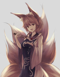 Rule 34 | 1girl, animal ear fluff, animal ears, bad id, bad pixiv id, blonde hair, breasts, brooch, chopsticks, collar, commentary request, dress, fang, food, frilled collar, frills, grey background, highres, holding, holding chopsticks, jewelry, kitsune, kyuubi, large breasts, long sleeves, looking at viewer, multiple tails, open mouth, orange eyes, rice, short hair, simple background, tabard, tail, talisman, touhou, white dress, wide sleeves, yakumo ran, yukitourou