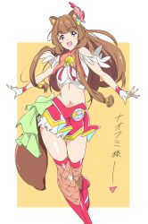 Rule 34 | 1girl, :d, animal ears, boots, brown hair, commentary request, cosplay, cure flamingo, cure flamingo (cosplay), fingerless gloves, fishnet thighhighs, fishnets, gloves, hair ornament, highres, long hair, looking at viewer, midriff, navel, open mouth, pink eyes, precure, raccoon ears, raccoon girl, raccoon tail, raphtalia, red footwear, smile, solo, tail, tate no yuusha no nariagari, thighhighs, translation request, tropical-rouge! precure, two-tone background, umanosuke, white background, white gloves, yellow background