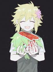 Rule 34 | 1boy, :d, basil (faraway) (omori), basil (omori), black background, blonde hair, blood, blood on face, closed eyes, facing viewer, flower, food, fruit, green eyes, green hair, hair flower, hair ornament, highres, holding head, looking at viewer, male focus, omori, open mouth, pink flower, severed head, short hair, simple background, smile, spoilers, tio zomi, upper body, watermelon