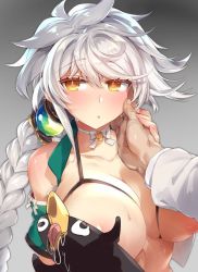 Rule 34 | 1boy, 1girl, areola slip, asymmetrical hair, bra, braid, breasts, choker, clothing cutout, collarbone, cupless bra, failure penguin, gem, gradient background, grey background, hair ornament, hand on another&#039;s cheek, hand on another&#039;s face, jitome, kantai collection, large breasts, long hair, looking at viewer, magatama, open clothes, open shirt, orb, pokoten (pokoten718), puffy nipples, shirt, shoulder cutout, silver hair, single braid, sweat, swept bangs, underwear, unryuu (kancolle), very long hair, wavy hair, yellow eyes