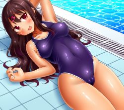 Rule 34 | 1girl, bad id, bad pixiv id, black hair, blush, breasts, brown hair, cameltoe, covered erect nipples, covered navel, hair ornament, hairclip, jitome, long hair, lying, neri sachiko, on back, one-piece swimsuit, open mouth, original, poolside, red eyes, shiny clothes, shiny skin, smile, solo, swimsuit
