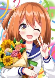 Rule 34 | 1girl, blue sailor collar, blush, bouquet, collarbone, confetti, dot nose, drtk pic, female focus, flower, hair ornament, koisuru asteroid, konohata mira, long sleeves, looking at viewer, medium hair, multicolored eyes, one eye closed, open mouth, orange hair, sailor collar, solo, star (symbol), star hair ornament, v