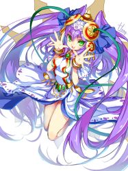 Rule 34 | 1girl, :d, bare legs, bracelet, dress, green eyes, hair ornament, hong (white spider), jewelry, lakshmi (p&amp;d), long hair, necklace, open mouth, purple hair, puzzle &amp; dragons, smile, solo, very long hair