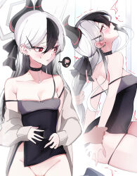 Rule 34 | 1girl, ^^^, absurdres, black choker, black dress, black hair, black horns, blue archive, blush, breasts, bright pupils, choker, cleavage, collarbone, commentary request, dress, ear piercing, grey halo, groin, hair between eyes, halo, highres, holding another&#039;s wrist, horns, kayoko (blue archive), kayoko (dress) (blue archive), long hair, medium breasts, mole, mole on neck, multicolored hair, multiple views, niku (hamuchang), off shoulder, official alternate costume, out-of-frame censoring, partial commentary, piercing, red eyes, spoken blush, thighs, two-tone hair, white hair, white pupils