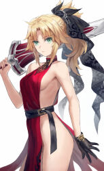 Rule 34 | 1girl, bare shoulders, belt, black gloves, blonde hair, braid, breasts, clarent (fate), closed mouth, commentary request, dress, fate/apocrypha, fate (series), french braid, gloves, green eyes, hair ribbon, highres, long hair, looking at viewer, mordred (fate), mordred (fate/apocrypha), parted bangs, ponytail, red dress, ribbon, sideboob, sideless outfit, sidelocks, small breasts, solo, sword, thighs, tonee, variant set, weapon