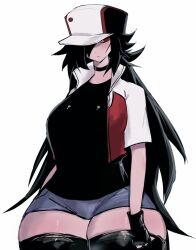 Rule 34 | 1girl, baseball cap, black hair, black shirt, blush, breasts, choker, creatures (company), fingerless gloves, friday night funkin&#039;, game freak, genderswap, genderswap (mtf), glitchy red, gloves, hat, jacket, large breasts, long hair, looking at viewer, nintendo, one eye covered, open clothes, open jacket, pokemon, red (pokemon), red eyes, shirt, short shorts, shorts, thick thighs, thighhighs, thighs, usa37107692, wide hips, zettai ryouiki