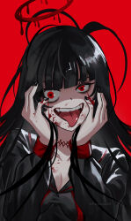 Rule 34 | 1girl, absurdres, antenna hair, artist name, bags under eyes, black hair, black nails, black serafuku, blood, blood halo, blood on face, blood on hands, blue archive, blunt bangs, breasts, choker, cleavage, collarbone, commentary, crazy eyes, halo, hands on own face, highres, liquid halo, long hair, looking at viewer, medium breasts, melting halo, open mouth, porkadas22, red background, red eyes, red halo, school uniform, serafuku, simple background, solo, teeth, tongue, tongue out, tsurugi (blue archive), twitter username, upper teeth only, winged halo, wings