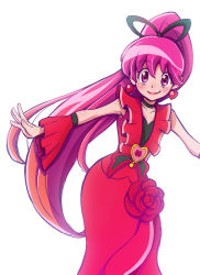 Rule 34 | 10s, 1girl, aino megumi, alternate form, brooch, choker, cure lovely, cure lovely (cherry flamenco), detached sleeves, dress, earrings, flower, happinesscharge precure!, heart, heart brooch, highres, jewelry, lipstick, long hair, magical girl, makeup, miyamoto hiroshi, outstretched arms, pink eyes, pink hair, ponytail, precure, red dress, red flower, red rose, rose, smile, solo, spread arms, white background, wide ponytail
