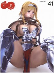 Rule 34 | 1girl, 3d, armor, breasts, cowboy shot, female focus, huge breasts, leina, m-rs, queen&#039;s blade, revealing clothes, sitting, solo, spread legs, white background