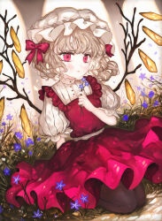 Rule 34 | 1girl, adapted costume, alternate wings, black pantyhose, blonde hair, bow, feet out of frame, flandre scarlet, flower, grass, hair bow, hat, highres, holding, holding flower, majamari, medium hair, mob cap, pantyhose, puffy short sleeves, puffy sleeves, purple flower, red bow, red eyes, red skirt, red vest, shirt, short sleeves, skirt, solo, striped clothes, striped shirt, touhou, vertical-striped clothes, vertical-striped shirt, vest, white hat, white shirt, wings