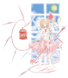 Rule 34 | 1girl, barefoot, birdcage, blonde hair, cage, censored, convenient censoring, closed eyes, female focus, flandre scarlet, solo, topless, touhou, wings