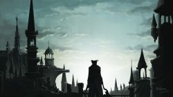 Rule 34 | 1other, ambiguous gender, arms at sides, bell, bloodborne, building, cityscape, cloud, cloudy sky, coat, commentary, copyright name, day, facing away, from behind, gun, hat, highres, holding, holding gun, holding weapon, hunter (bloodborne), outdoors, saw, saw cleaver, scenery, sky, standing, tower, tricorne, tripdancer, weapon