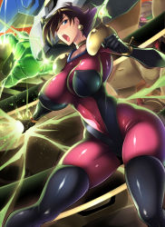 Rule 34 | 1girl, blush, bodysuit, breasts, brown hair, commentary request, covered erect nipples, covered navel, earrings, energy, g gundam, gloves, glowing, gundam, haganef, hairband, jewelry, large breasts, looking at viewer, mobile trace suit, open mouth, pink bodysuit, rain mikamura, rising gundam, shiny clothes, short hair, skin tight, solo, standing, sweat, thighhighs