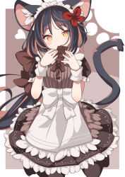 Rule 34 | 1girl, animal ear fluff, animal ears, apron, black hair, black skirt, bow, brown background, brown bow, brown eyes, brown hair, brown pantyhose, brown shirt, candy, chocolate, chocolate bar, commentary request, daidai ookami, eating, food, hair bow, heart, highres, holding, holding food, long hair, looking at viewer, maid, maid headdress, multicolored hair, original, pantyhose, puffy short sleeves, puffy sleeves, red bow, shirt, short sleeves, skirt, solo, streaked hair, tail, two-tone background, very long hair, white apron, white background, wrist cuffs