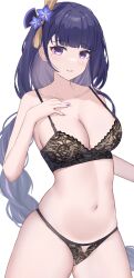 Rule 34 | 1girl, bare arms, bare shoulders, black bra, black panties, bra, braid, breasts, cleavage, collarbone, commentary request, cowboy shot, flower, genshin impact, hair flower, hair ornament, hand on own chest, hand up, highres, lace, lace bra, lace panties, large breasts, long hair, low-braided long hair, low-tied long hair, mole, mole under eye, navel, nyuu (pixiv12143565), panties, parted lips, purple eyes, purple flower, purple hair, purple nails, raiden shogun, sidelocks, simple background, single braid, skindentation, smile, solo, stomach, tassel, tassel hair ornament, thighs, underwear, underwear only, very long hair, white background