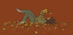 Rule 34 | 1girl, autumn, autumn leaves, book, brown background, brown hair, commentary, english commentary, falling leaves, full body, green pants, green sweater, highres, holding, holding book, kumerish, leaf, long hair, lying, on back, original, pants, reading, socks, solo, sweater