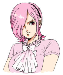 Rule 34 | 1girl, ascot, breasts, commentary request, eyelashes, hair over one eye, hairband, large breasts, medium hair, mugicha (zoro1132), one piece, pink hair, red eyes, smile, solo, upper body, vinsmoke reiju