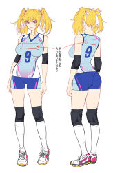Rule 34 | 1girl, alternate costume, ass, bare legs, blonde hair, blue eyes, breasts, character sheet, curvy, full body, hair ribbon, large breasts, lilith-soft, long hair, looking at viewer, multiple views, official alternate costume, pointy ears, ribbon, shinganji kurenai, short shorts, shorts, simple background, smile, sportswear, sweat, sweatdrop, taimanin (series), taimanin kurenai, taimanin rpgx, translation request, twintails, volleyball uniform, white background, wide hips