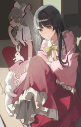Rule 34 | 2girls, black hair, bow, bowtie, closed mouth, collared shirt, commentary, feet out of frame, frilled skirt, frilled sleeves, frills, fujiwara no mokou, grey hair, hair bow, hand on own arm, hand up, highres, houraisan kaguya, indian style, knee up, long hair, long sleeves, multiple girls, pants, petting, pink shirt, ponytail, profile, rabbit, red eyes, red pants, red skirt, shirt, sitting, skirt, smile, suspenders, torn clothes, torn sleeves, touhou, very long hair, white bow, white shirt, wide sleeves, yellow bow, yellow bowtie, yellow eyes, zurui ninjin