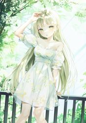 1girl bad_id bad_twitter_id bare_shoulders blonde_hair blush breasts cleavage collarbone dress fence floral_print hand_up leaning long_hair nabi_(uz02) open_mouth original outdoors short_sleeves sleeveless sleeveless_dress solo standing tree white_dress yellow_eyes