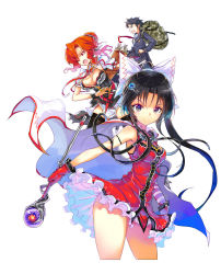 Rule 34 | 1boy, 2girls, bare shoulders, black eyes, black hair, breasts, cleavage, contrapposto, cropped legs, dress, expressionless, highres, long hair, looking at viewer, master wa stray cat, multiple girls, polearm, red dress, red eyes, red hair, shaded face, simple background, sleeveless, sleeveless dress, staff, standing, thighhighs, wand, weapon, white background, yui (niikyouzou)