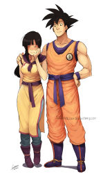Rule 34 | 1boy, 1girl, 2012, bangle, black hair, blush, boots, bracelet, breasts, chi-chi (dragon ball), chinese clothes, clothes writing, couple, dated, dougi, dragon ball, embarrassed, closed eyes, faustsketcher, hand on shoulder, height difference, hetero, highres, husband and wife, jewelry, long hair, medium breasts, muscular, aged up, pants, sleeveless, son goku, wristband