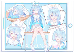 Rule 34 | 1girl, :d, absurdres, arona (blue archive), bare legs, blue archive, blue eyes, blue hair, blue shirt, blush, bow, bowtie, braid, closed eyes, desk, facing viewer, full body, hair over one eye, hair ribbon, hairband, halo, hands up, happy, heart, heart halo, highres, holding, knees together feet apart, looking at viewer, medium hair, miniskirt, multicolored hair, multiple views, musical note, open mouth, pink eyes, pleated skirt, ribbon, sailor collar, school desk, school uniform, serafuku, shirt, single braid, skirt, sleeping, sleeping on desk, smile, spoken musical note, two-tone hair, upper body, white bow, white bowtie, white hairband, white skirt, zuu (qq770463651)