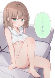 Rule 34 | 1girl, bare arms, bare shoulders, barefoot, bottomless, breasts, brown hair, commentary request, couch, crop top, drawstring, green eyes, highres, hood, hoodie, knee up, looking at viewer, medium breasts, medium hair, no bra, on couch, open mouth, original, sashima, simple background, sitting, sleeveless, sleeveless hoodie, solo, speech bubble, underboob, white background, white hoodie