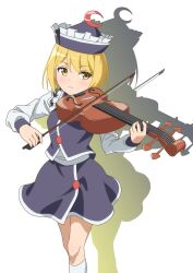 Rule 34 | 1girl, black hat, black skirt, black vest, blonde hair, bow (music), closed mouth, crescent, crescent hat ornament, feet out of frame, gyouza (mhea5724), hat, hat ornament, highres, holding, holding instrument, instrument, long sleeves, lunasa prismriver, music, playing instrument, shirt, short hair, simple background, skirt, skirt set, socks, solo, touhou, vest, violin, white background, white shirt, white socks, yellow eyes