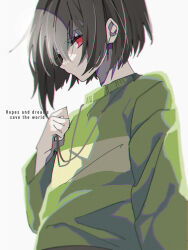 Rule 34 | 1other, brown hair, chara (undertale), closed mouth, english text, green sweater, hair over one eye, highres, holding, holding jewelry, holding necklace, jewelry, looking to the side, necklace, other focus, r ego999, red eyes, short hair, simple background, single horizontal stripe, solo, sweater, undertale, white background