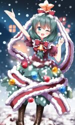 Rule 34 | 1girl, aqua eyes, blurry, blurry background, boots, bow, brown footwear, christmas lights, christmas tree, frilled bow, frilled ribbon, frills, front ponytail, green hair, hair bow, hair ribbon, hand up, highres, kagiyama hina, long ribbon, looking at viewer, one eye closed, open mouth, outdoors, puffy short sleeves, puffy sleeves, red bow, ribbon, ruu (tksymkw), santa costume, short sleeves, smile, snowing, solo, touhou, winter