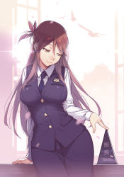 Rule 34 | 1girl, bird, black skirt, breasts, brown eyes, brown hair, cherry blossoms, closed mouth, collared shirt, folded ponytail, hair ornament, highres, iida nana, large breasts, lens flare, long hair, long sleeves, necktie, open window, rail wars!, shirt, sidelocks, skirt, smile, solo, sunlight, tree, vania600, vest, white background, white shirt, window