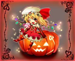 Rule 34 | 1girl, alternate costume, blonde hair, candy, detached sleeves, embodiment of scarlet devil, female focus, flandre scarlet, food, hat, highres, jack-o&#039;-lantern, lollipop, mesoso, one eye closed, open mouth, red eyes, solo, striped clothes, striped thighhighs, thighhighs, touhou, wink