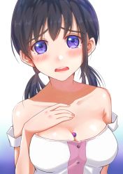 Rule 34 | 1girl, absurdres, between breasts, black hair, blue eyes, blush, breasts, character request, cleavage, collarbone, highres, kuroneko w1nter, long hair, looking at viewer, low twintails, medium breasts, open mouth, osomatsu-san, osomatsu (series), shirt, simple background, sleeveless, sleeveless shirt, solo, twintails, upper body, white background, white shirt
