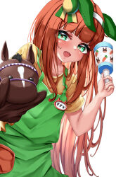 Rule 34 | 1girl, animal ears, apron, aqua eyes, bluhs, blush, commentary request, doll, ear covers, ear ornament, ears down, green apron, hairband, hand puppet, highres, hime cut, holding, holding rattle, horse, horse ears, horse girl, long hair, looking at viewer, name tag, puppet, rattle, shirt, short sleeves, silence suzuka (umamusume), simple background, smile, solo, special week (racehorse), stuffed animal, stuffed toy, tabunshake, umamusume, upper body, white background, white hairband, yellow shirt