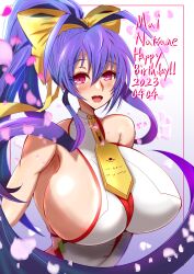 Rule 34 | 1girl, 2023, antenna hair, backless outfit, bare shoulders, blazblue, blue hair, blush, bow, breasts, character name, ha88hama, hair bow, halterneck, happy birthday, high ponytail, highres, large breasts, long hair, mai natsume, petals, pink eyes, sideboob, sidelocks, solo, teeth, upper teeth only, very long hair, yellow bow