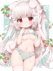 1girl :o absurdres animal_ears bikini bikini_top_only blunt_bangs blush breasts buruma choker contrapposto cowboy_shot dog_ears dog_tail flower food fruit gluteal_fold green_buruma hair_ornament hairclip head_tilt heart heart_hair_ornament heart_print highres long_hair looking_at_viewer momozu_komamochi navel original red_eyes ribbon ribbon_choker silver_hair small_breasts solo stomach strawberry string_bikini swimsuit tail thigh_gap thighhighs two_side_up white_background white_bikini white_flower white_ribbon white_thighhighs wrist_cuffs