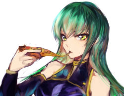 Rule 34 | 1girl, bare shoulders, c.c., code geass, eating, food, green hair, long hair, mi bait, pizza, pizza slice, simple background, sketch, solo, upper body, white background, yellow eyes