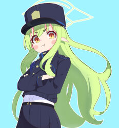 Rule 34 | 1girl, black hat, black jacket, black skirt, blue archive, blue background, crossed arms, green hair, green halo, halo, hat, highres, hikari (blue archive), jacket, long hair, looking at viewer, pointy ears, ria (52266382), shirt, short eyebrows, sidelocks, skirt, solo, white shirt, yellow eyes