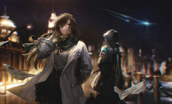 Rule 34 | 1girl, 1other, absurdres, arknights, black coat, black eyes, black hairband, black scarf, black skirt, brown hair, casual, chinese commentary, city, coat, commentary request, cowboy shot, doctor (arknights), grey sweater, hairband, hand in pocket, high-waist skirt, highres, hood, hooded coat, id card, lab coat, long hair, long sleeves, looking away, looking up, mask, miao ao tian, newspaper, night, night sky, open clothes, outdoors, parted lips, priestess (arknights), railing, scarf, skirt, sky, sweater, wind