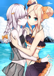 Rule 34 | 2girls, abigail williams (fate), bare shoulders, beach, bikini, black bikini, black bow, blonde hair, blue eyes, blue sky, blush, bow, braid, breasts, cheek-to-cheek, closed mouth, collarbone, day, double bun, emerald float, fate/grand order, fate (series), forehead, hair bow, hair bun, heads together, holding hands, horns, interlocked fingers, lavinia whateley (emerald float) (fate), lavinia whateley (fate), long hair, looking at viewer, mikan (chipstar182), multiple girls, ocean, official alternate costume, orange bow, pale skin, parted bangs, polka dot, polka dot bow, red eyes, single braid, single horn, sky, smile, swimsuit, white hair, wide-eyed
