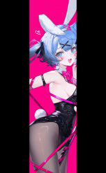 Rule 34 | 1girl, absurdres, animal ears, arm belt, armpits, black leotard, black pantyhose, black ribbon, blue hair, blush, bow, bowtie, breasts, commentary, cowboy shot, cutout above navel, detached collar, doughnut, fake animal ears, fake tail, food, food-themed background, from side, hair ornament, hair ribbon, hatsune miku, heart, heart in eye, highres, leotard, letterboxed, looking back, open mouth, p1up1u, pantyhose, pink background, pink bow, pink bowtie, pink ribbon, playboy bunny, rabbit ears, rabbit hole (vocaloid), rabbit tail, ribbon, sideboob, sideways glance, solo, sweat, symbol in eye, tail, teardrop facial mark, teeth, upper teeth only, vocaloid, x hair ornament