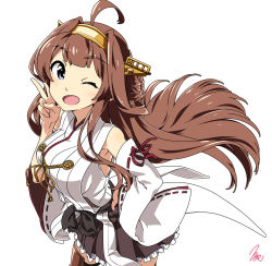 Rule 34 | 10s, 1girl, ahoge, blue eyes, breasts, brown hair, double bun, hairband, highres, japanese clothes, kantai collection, kongou (kancolle), large breasts, long hair, nontraditional miko, one eye closed, open mouth, skirt, smile, solo, takeya yuuki, v