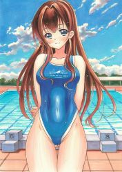 Rule 34 | 1girl, arms behind back, blue eyes, blue one-piece swimsuit, blush, breasts, brown hair, closed mouth, collarbone, competition swimsuit, covered navel, cowboy shot, day, gluteal fold, hair intakes, highleg, highleg swimsuit, long hair, looking at viewer, marker (medium), medium breasts, one-piece swimsuit, original, outdoors, pool, smile, solo, standing, swimsuit, thigh gap, tomoeri, traditional media, very long hair