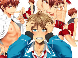 Rule 34 | 2boys, ;p, ass, basketball jersey, basketball uniform, blush, boxer briefs, breasts, brown eyes, brown hair, ensemble stars!, hair between eyes, hands on own head, highres, kei1 833, male focus, male underwear, morisawa chiaki, multiple boys, navel, nipples, one eye closed, open clothes, open shirt, seductive smile, simple background, smile, sportswear, star-shaped pupils, star (symbol), stupid sexy, symbol-shaped pupils, takamine midori, tears, tongue, tongue out, underwear, white background, yaoi